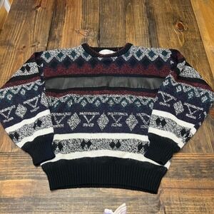 Michael Gerald Mens Geometric Pattern Sweater Black Burgundy Blue Size S